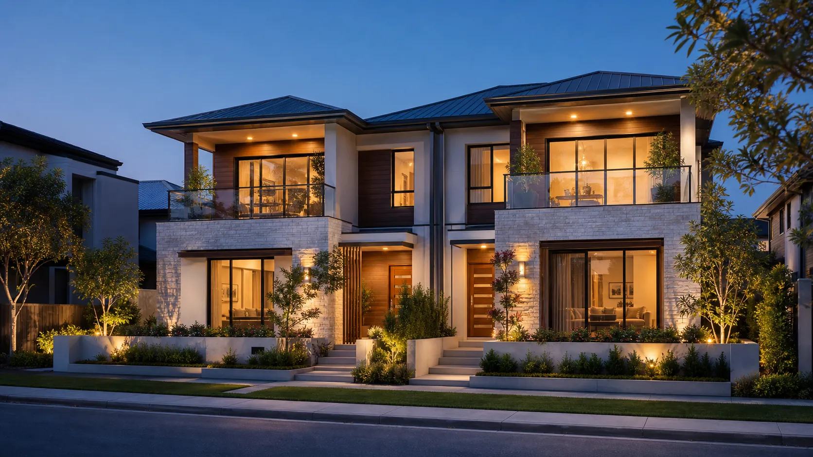 The twin villas of Solara Estate facing each other across a shared lawn at dusk