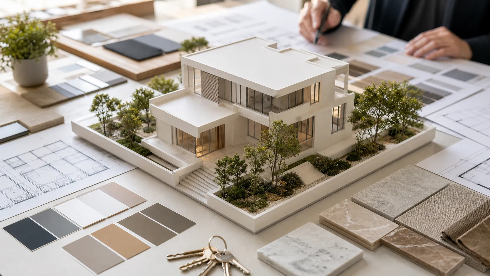 Architect's table with a scale model and material samples