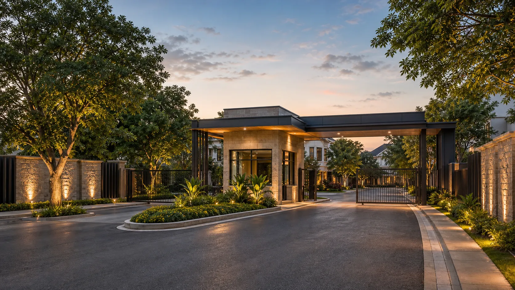 Lantern District, gated community entrance lit at dusk