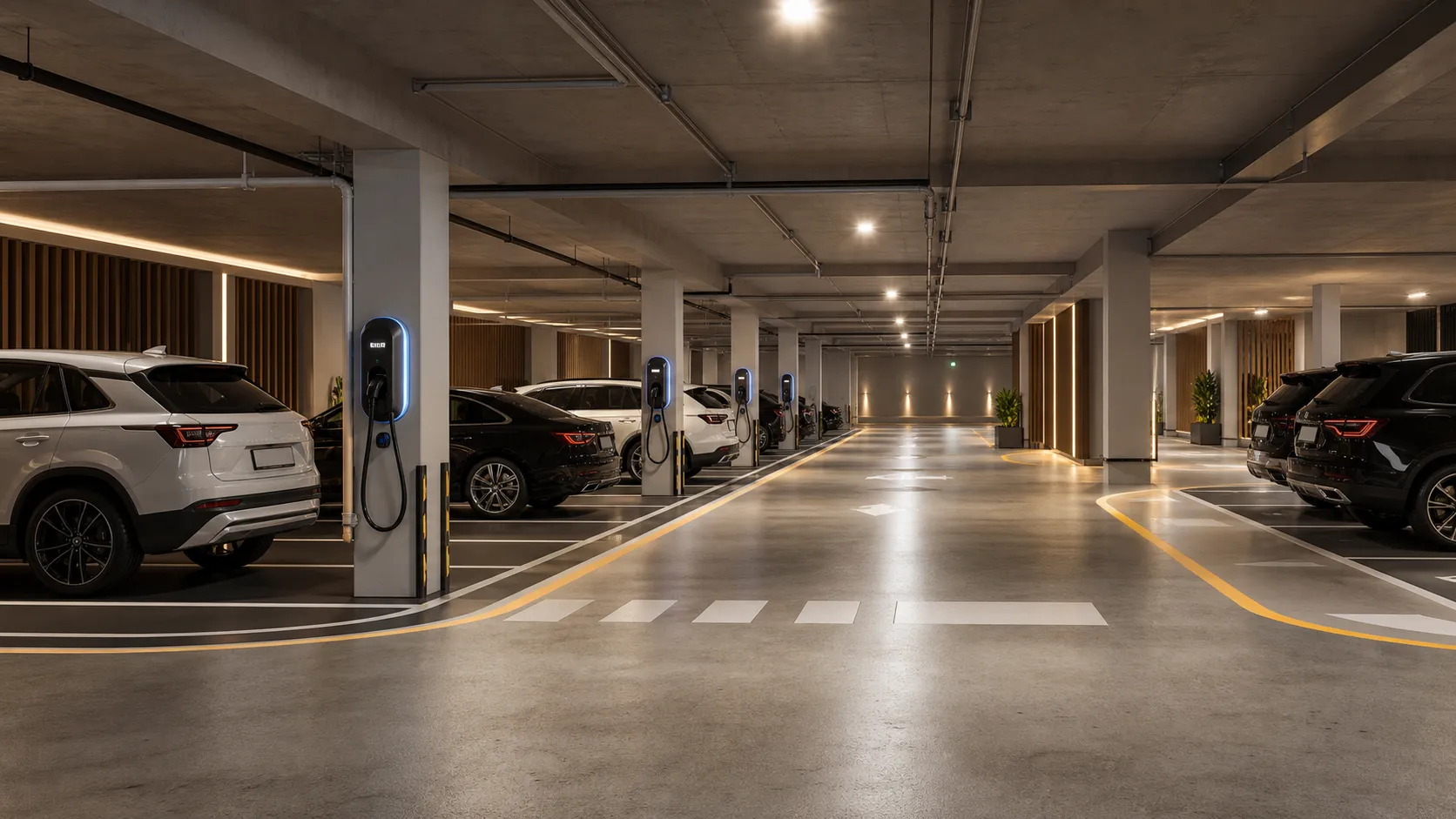 The EV basement at The Bayline, parking bays with private charge points beside each residence’s slot