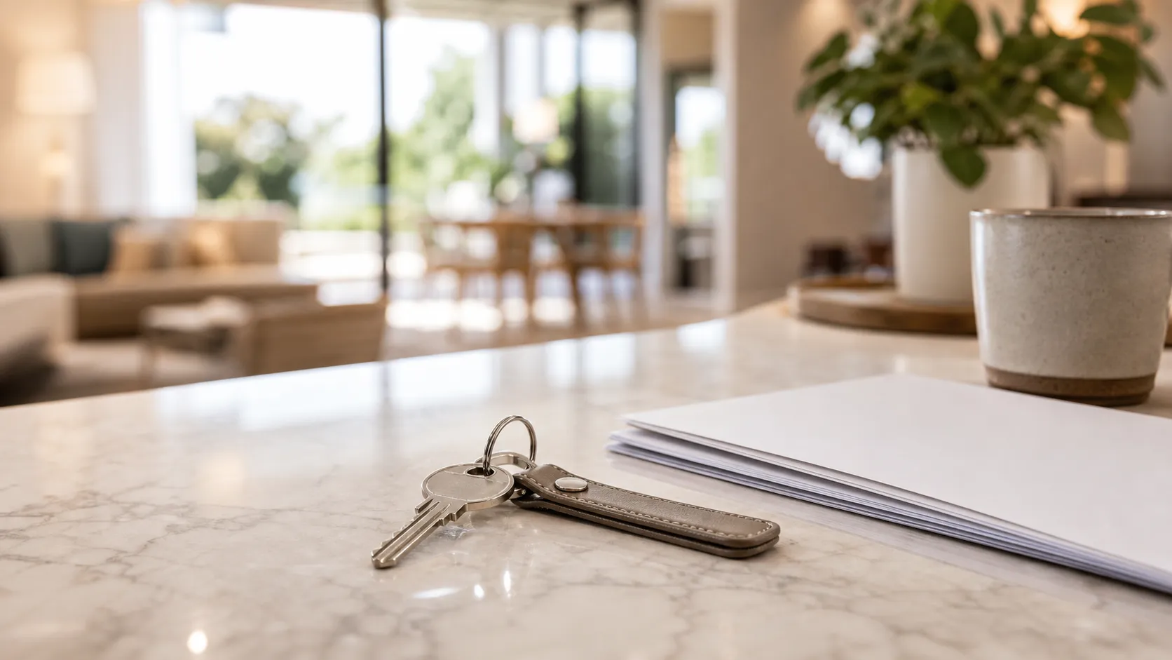 House keys handed over on a marble counter