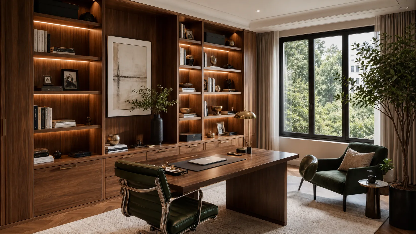 A quiet timber-lined study with a single reading chair by the window
