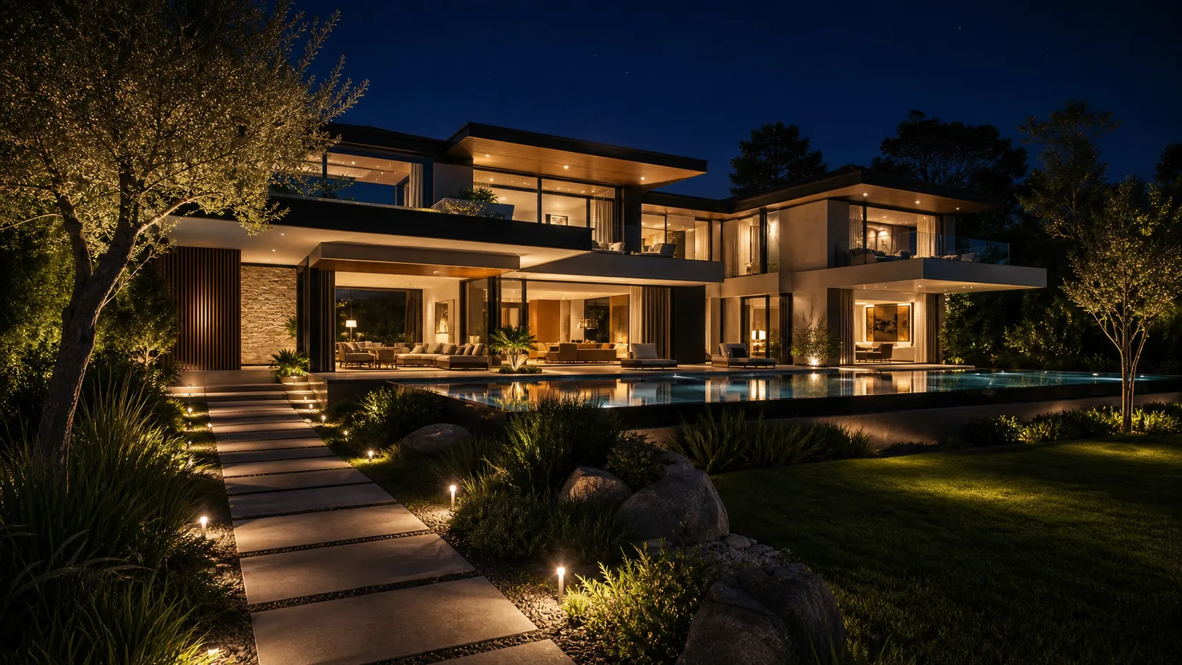 A Solara villa at night, its pool and interiors lit warmly against the dark garden