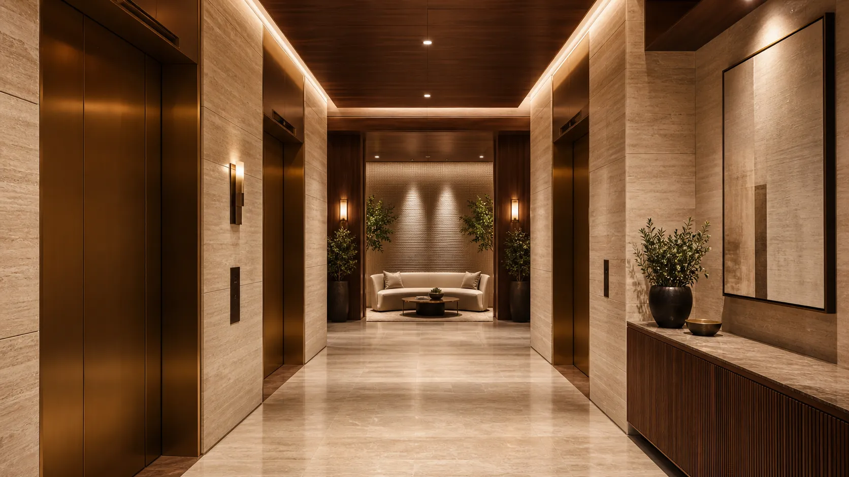Double-height arrival lobby with stone columns and evening light
