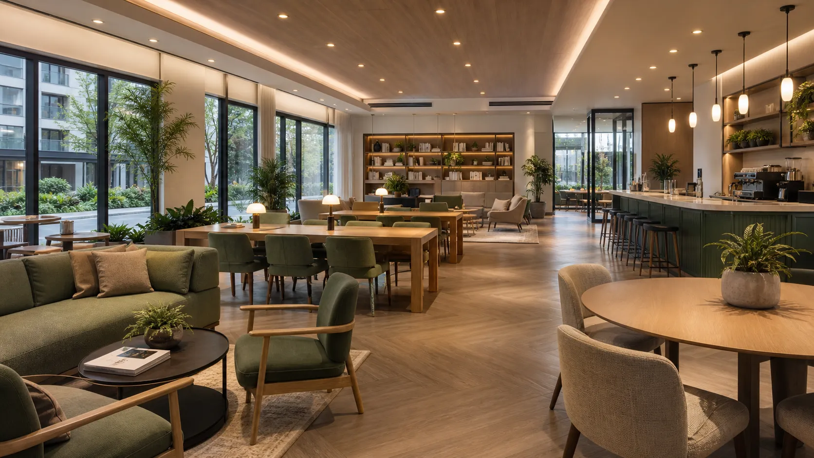 Residents' lounge with low seating and warm lamplight