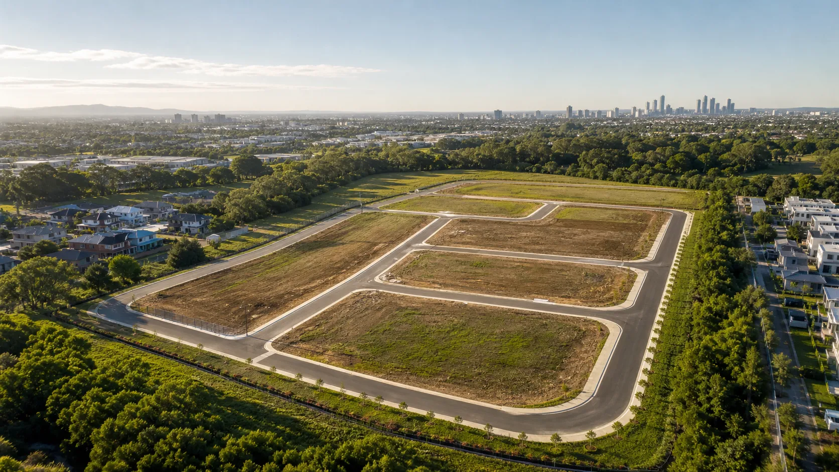 An open parcel of land under survey in low evening light