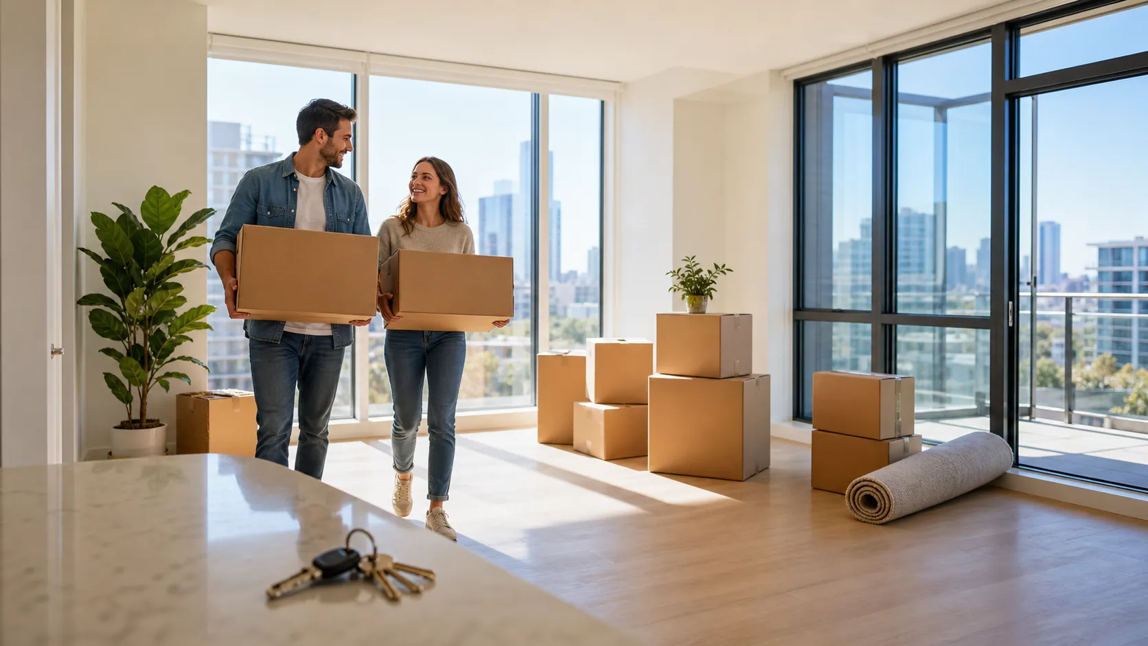 A couple carrying boxes into their new residence, doorway bright behind them