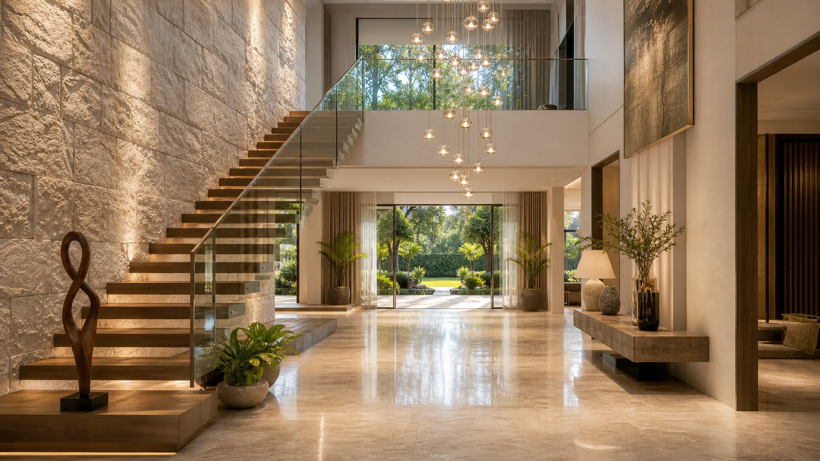 Sunlit double-height foyer with evening light falling across the stair