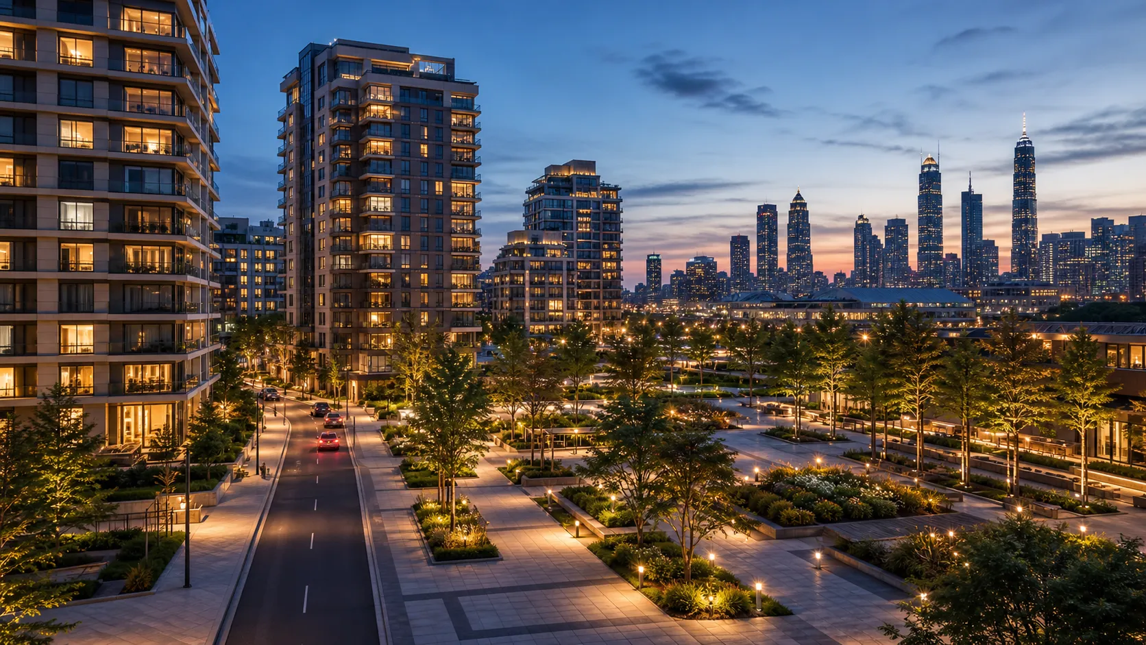 A Vespera residential district at dusk, towers glowing with golden window light