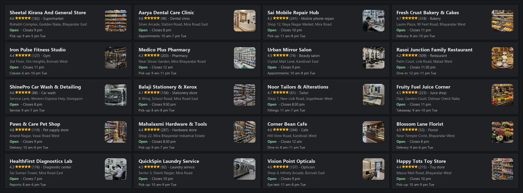 Google Maps-style dark local search results showing twenty different Indian local business listings with ratings, open hours, addresses and business photos.