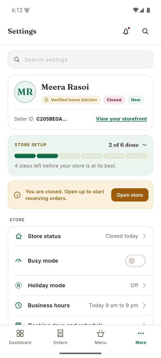Account & Settings in the Mr Rasoi seller app