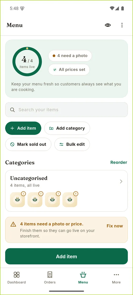 Menu Management in the Mr Rasoi seller app
