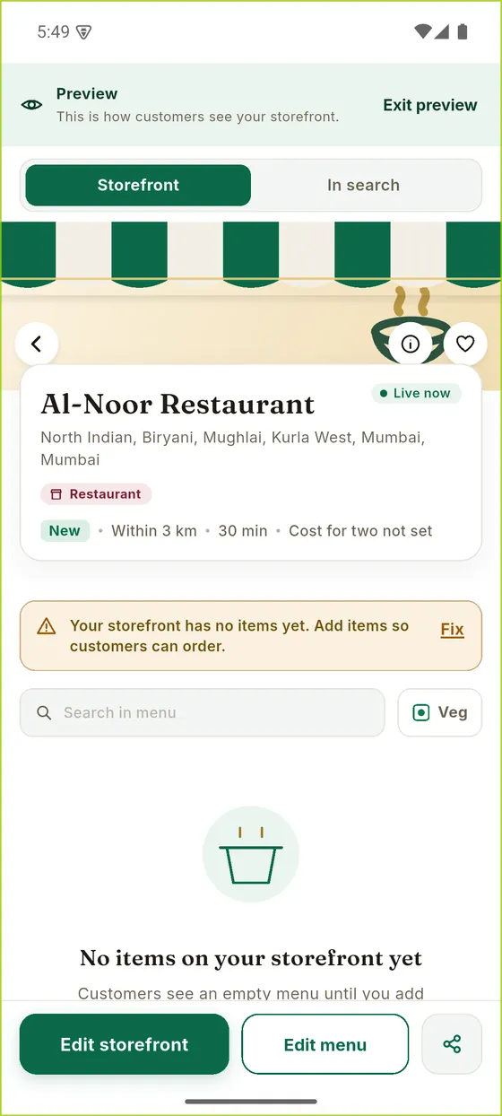Your Storefront & Discovery in the Mr Rasoi seller app