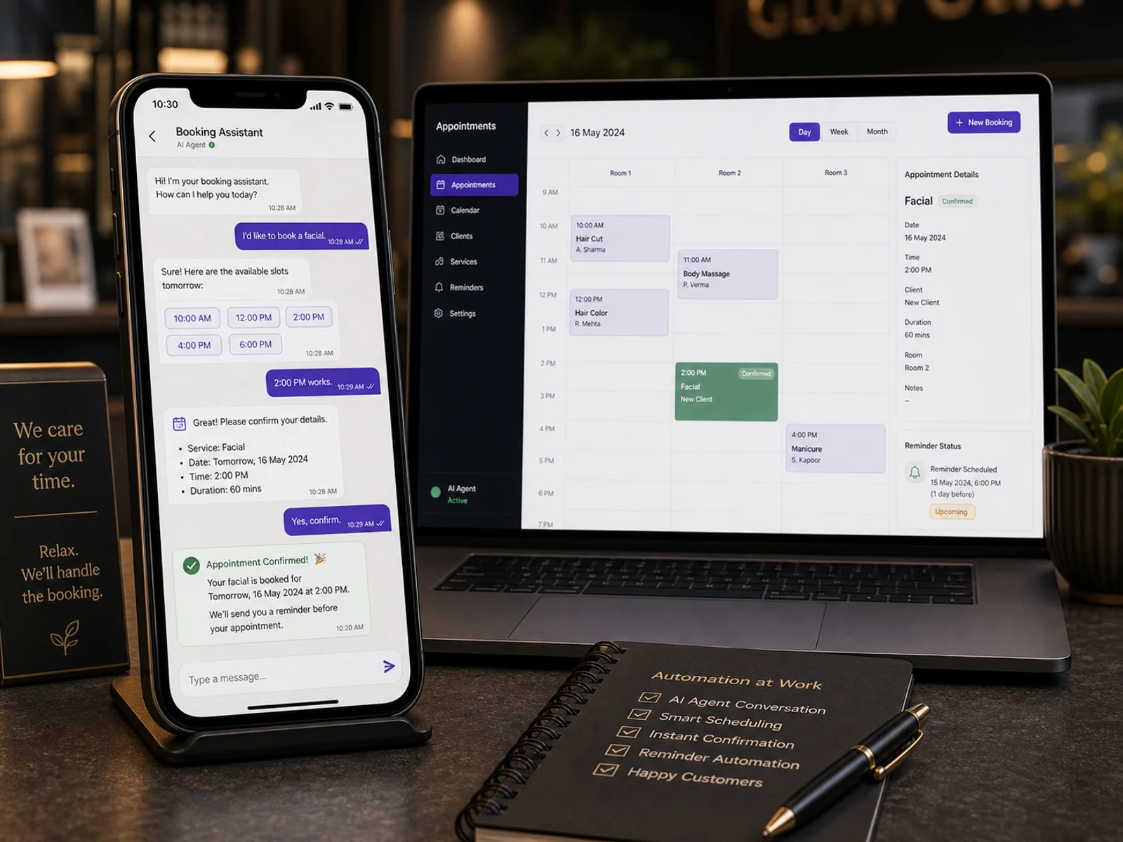 AI appointment booking chat with synced calendar, selected slot and reminder status.