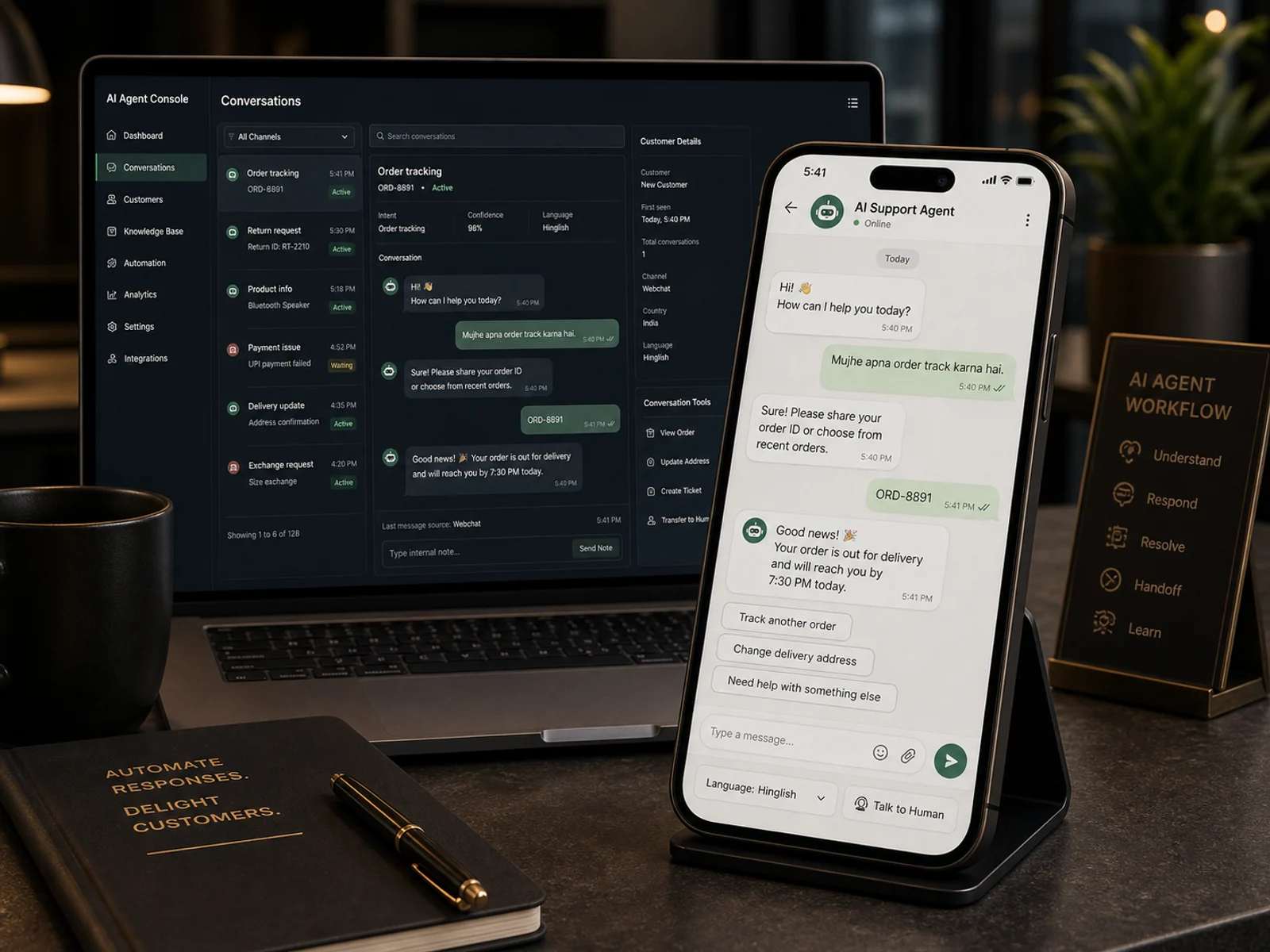 Messaging-style AI agent conversation with language toggle, quick replies and human handoff option.