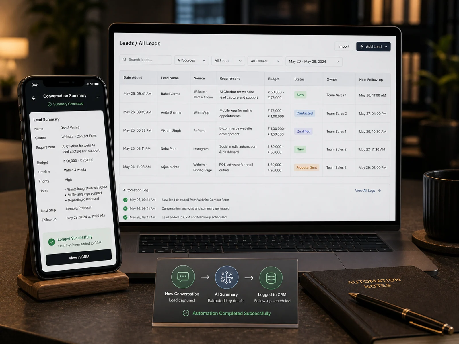 Automation logging a conversation summary into CRM with source, requirement, budget, status and follow-up fields.