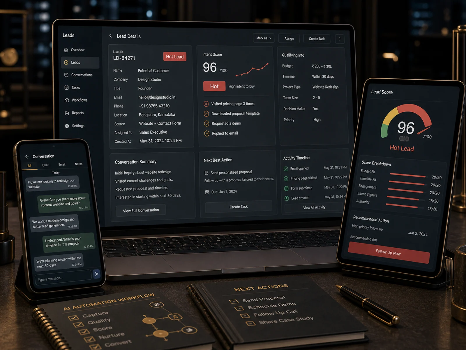 AI lead qualification dashboard with budget, location, timeline, source, intent score and next action.
