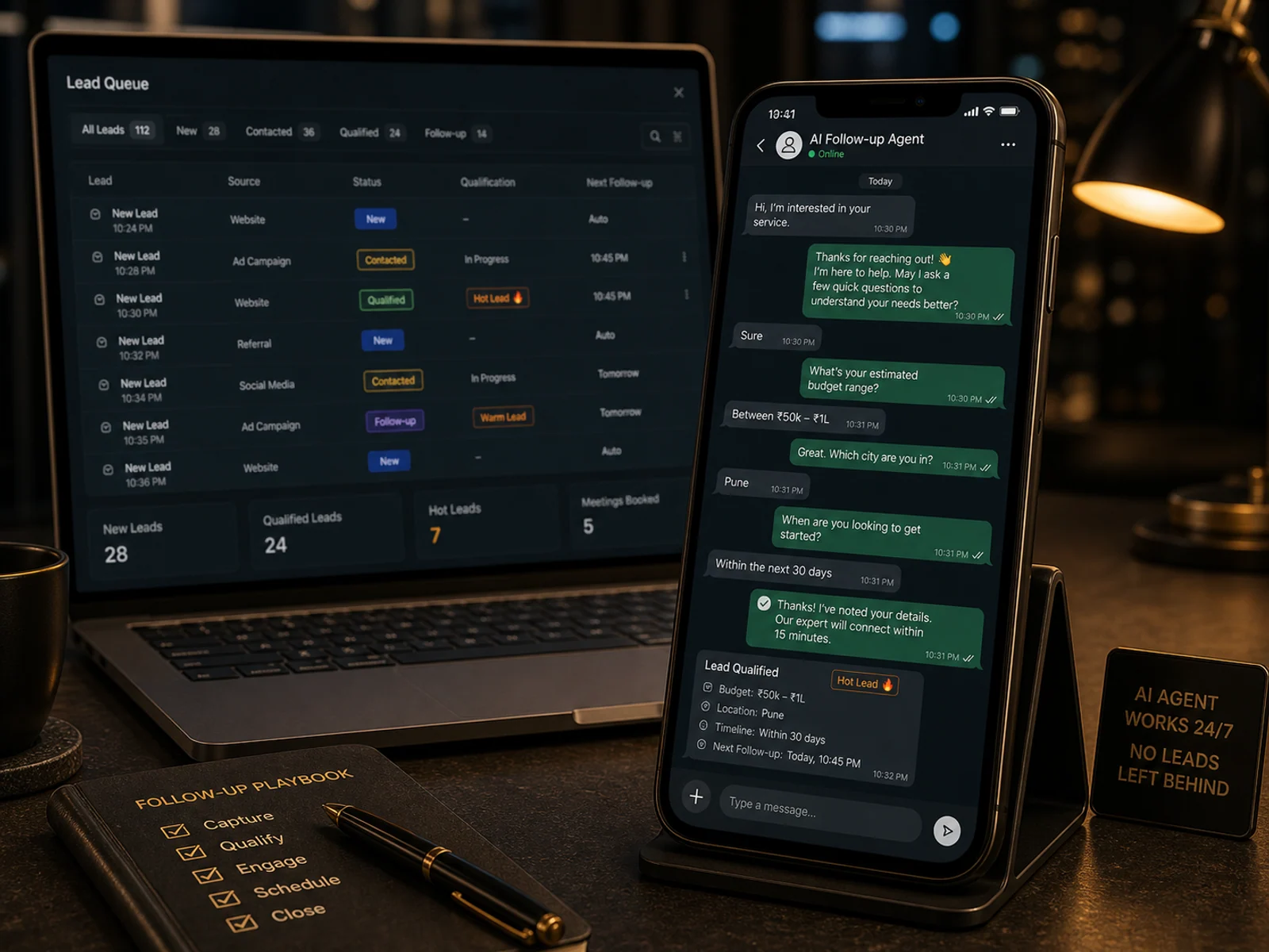 Messaging-style AI follow-up agent qualifying a new lead while the laptop shows the lead queue.