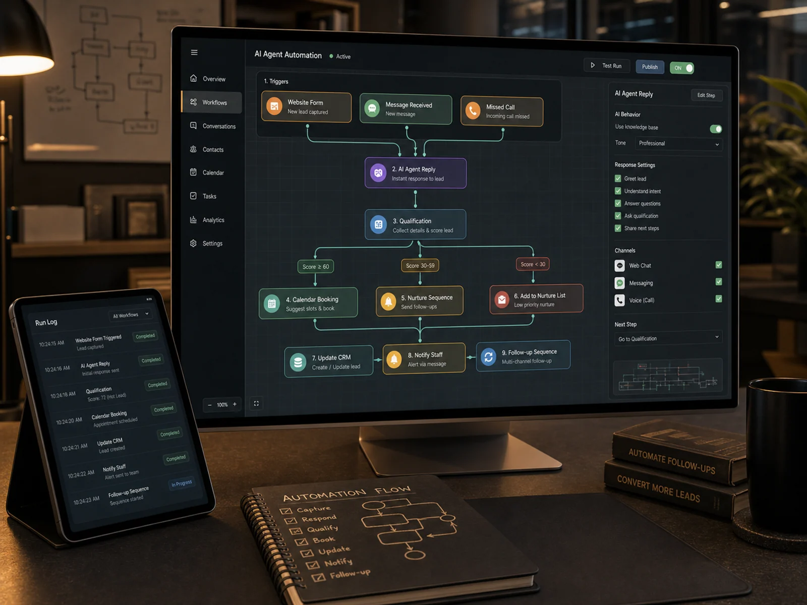 Automation workflow builder showing enquiry triggers, AI reply, qualification, booking, CRM update and staff alert.