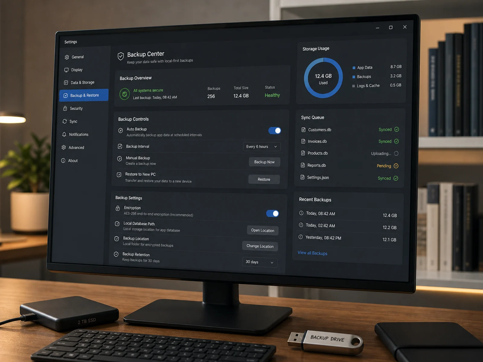 Desktop settings and backup center showing auto backup, manual backup, restore and local database controls.