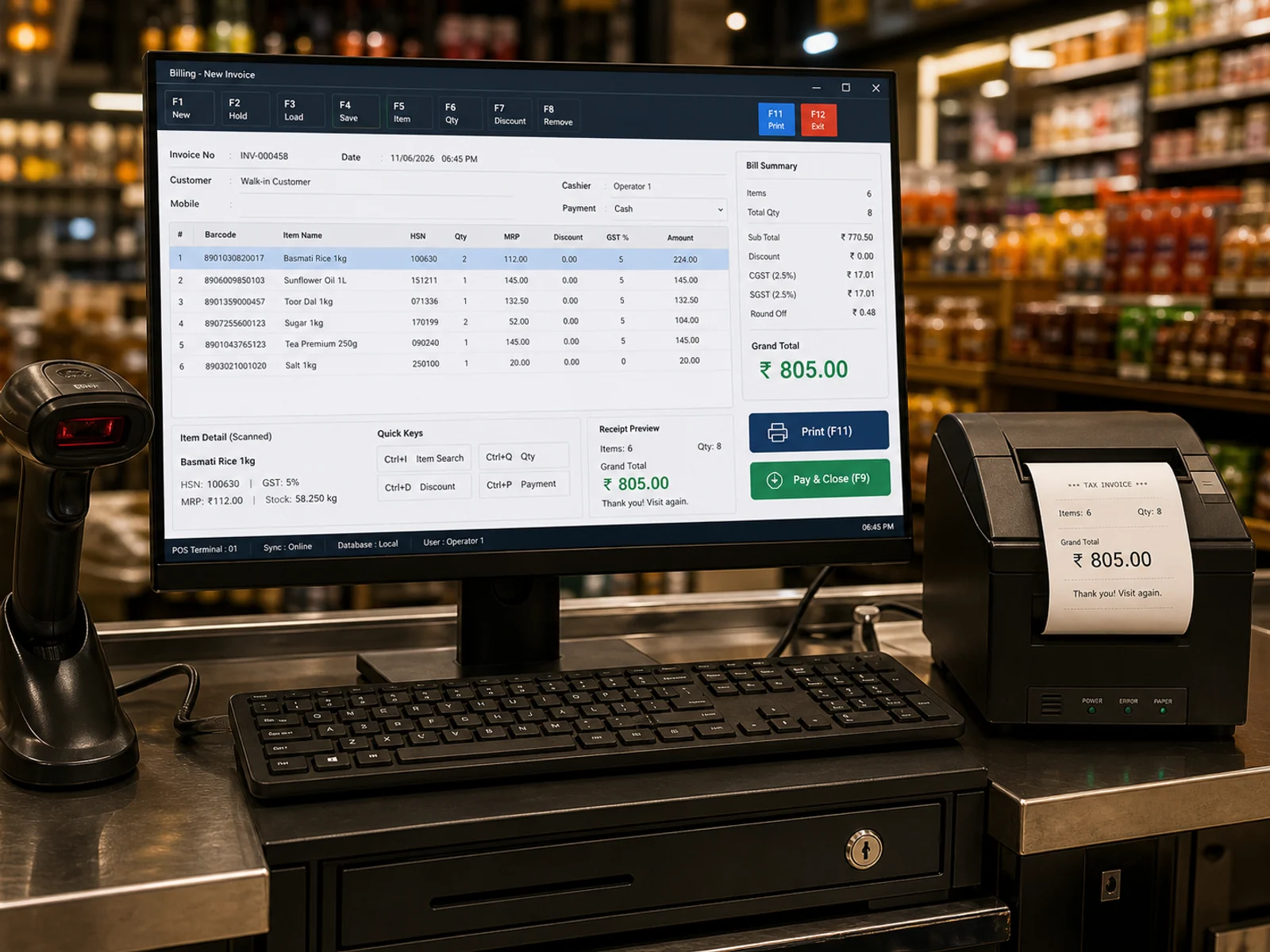 Desktop billing software at a retail counter with invoice cart, GST total, print action and receipt printer.