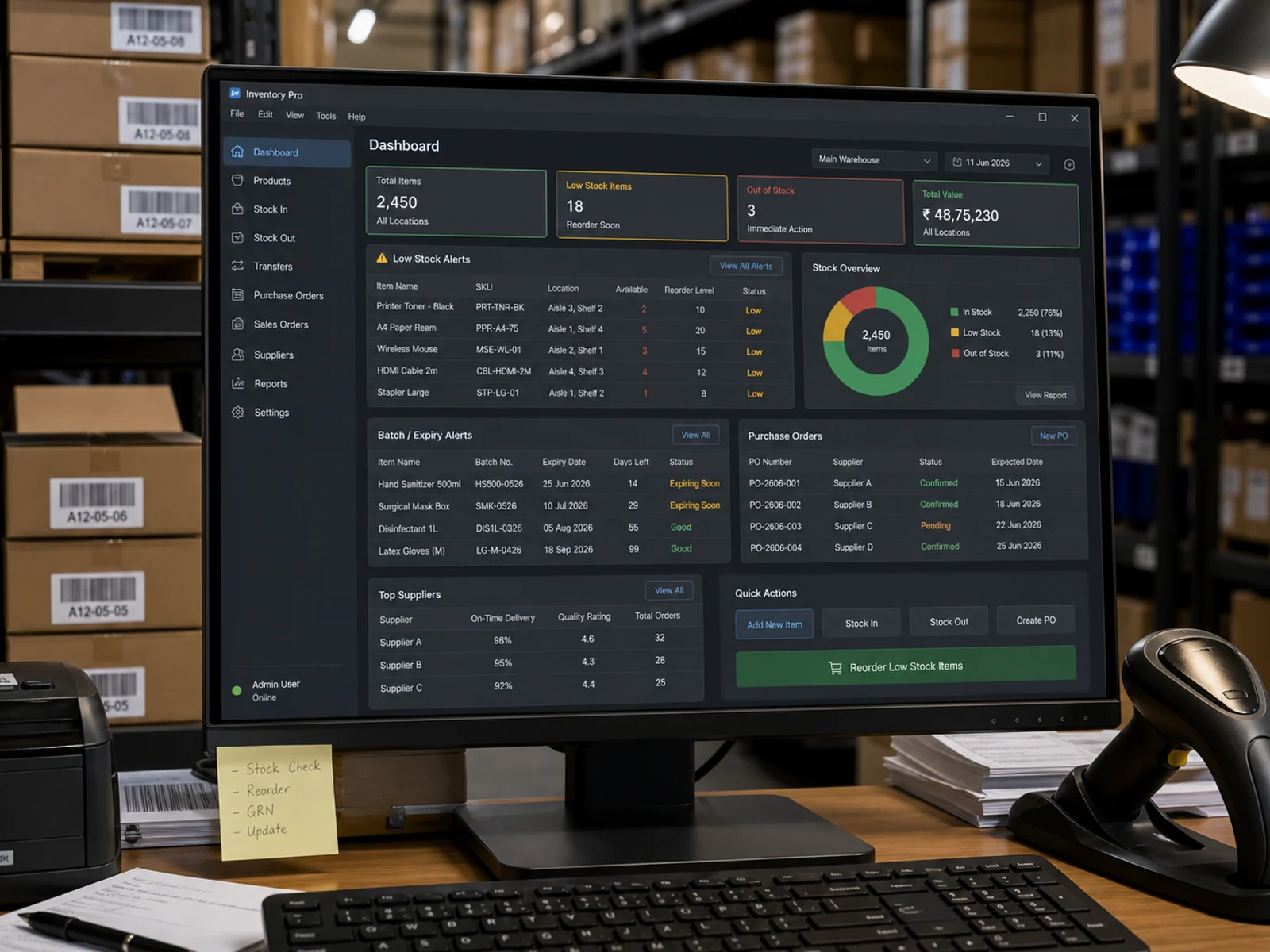 Desktop inventory dashboard with stock levels, low stock alerts, batch tracking and reorder action.