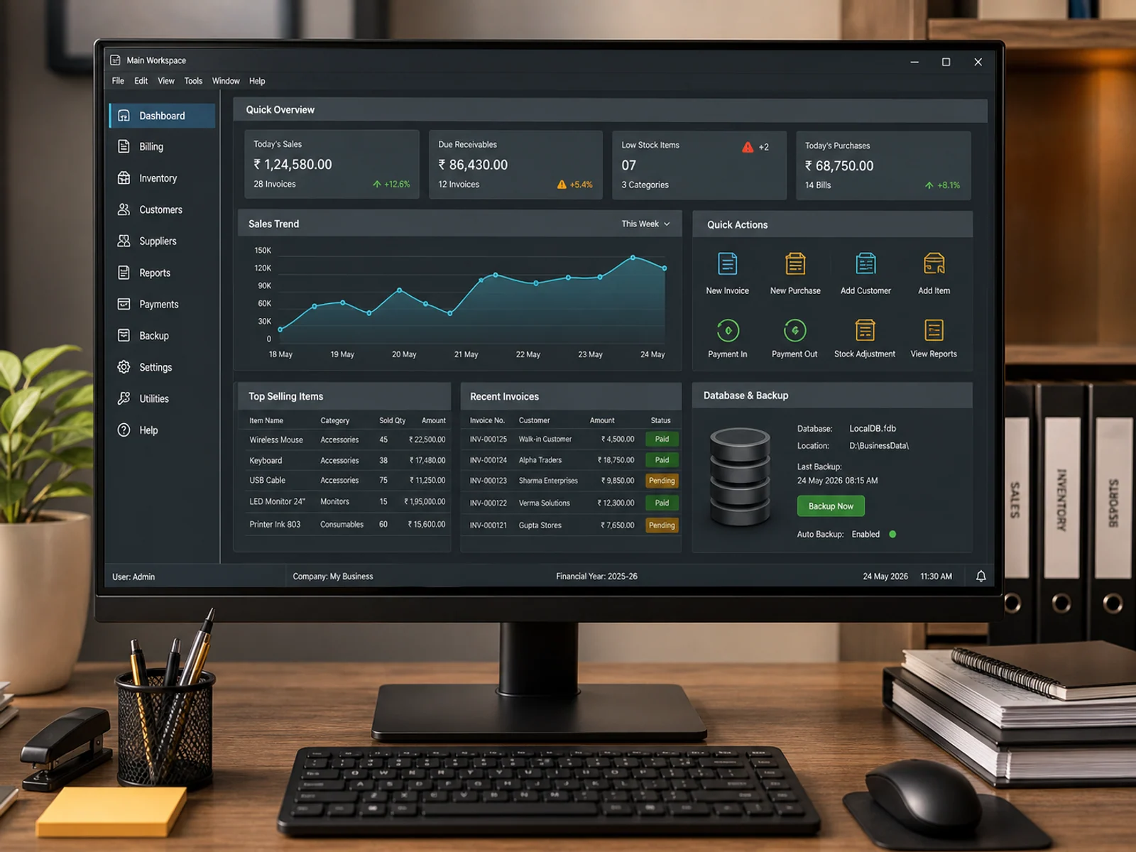 Native desktop app main workspace with billing, inventory, customers, reports, backup and quick actions.
