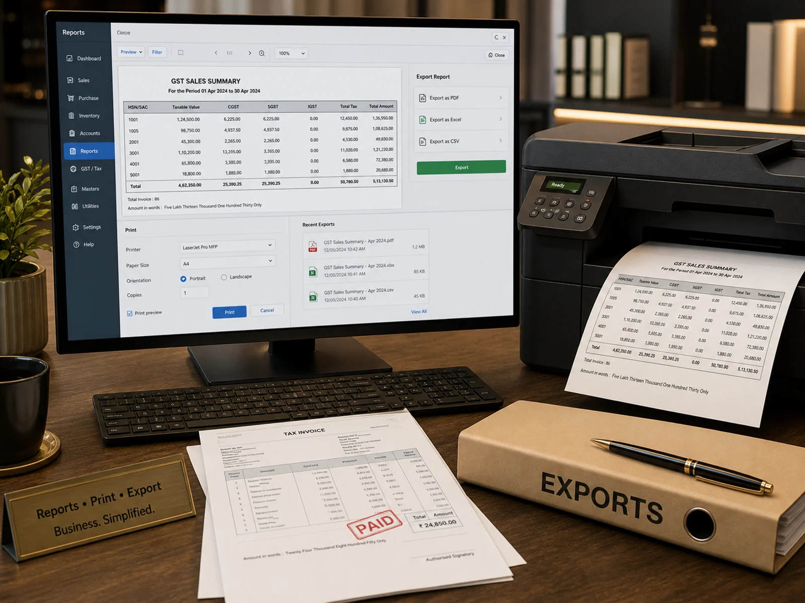 Desktop report preview with printer, printed GST report, PDF export and spreadsheet export context.
