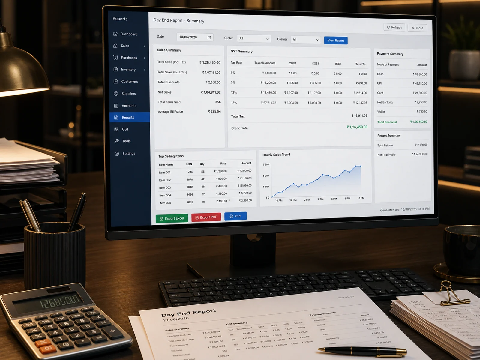 Desktop report view with day-end sales, GST summary, payment split and export controls.