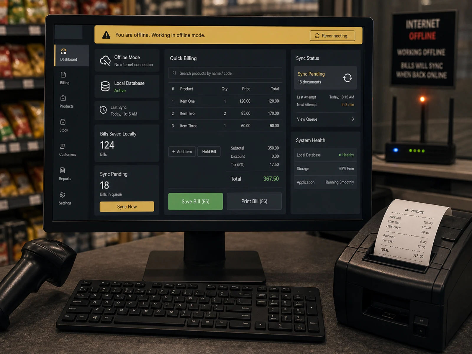 Offline-first desktop software running at a counter with local database active and sync queue pending.