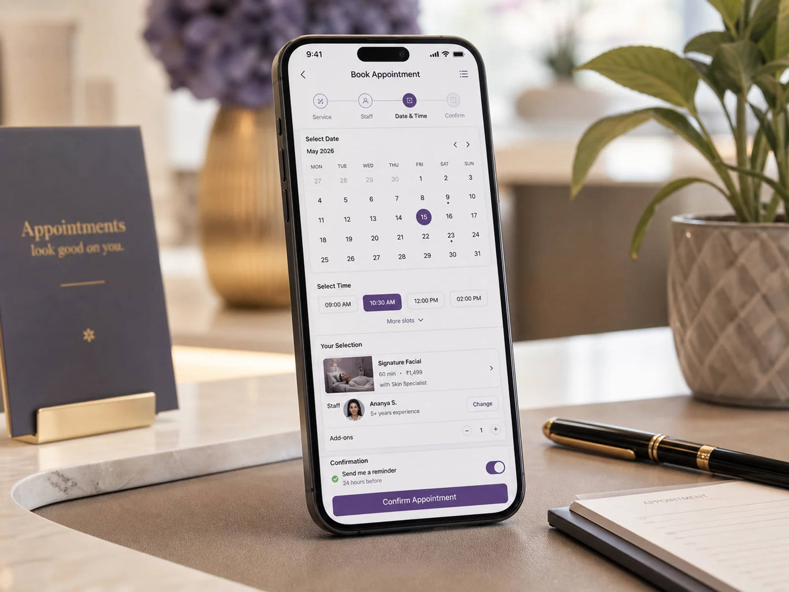 Mobile booking calendar screen with slots, staff selection, service selection and confirmation action.