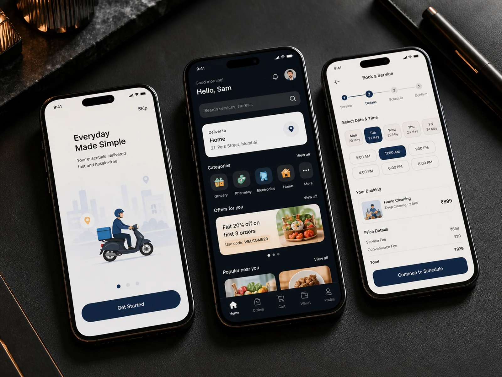 Three mobile app screens showing onboarding, home dashboard and a key business feature.