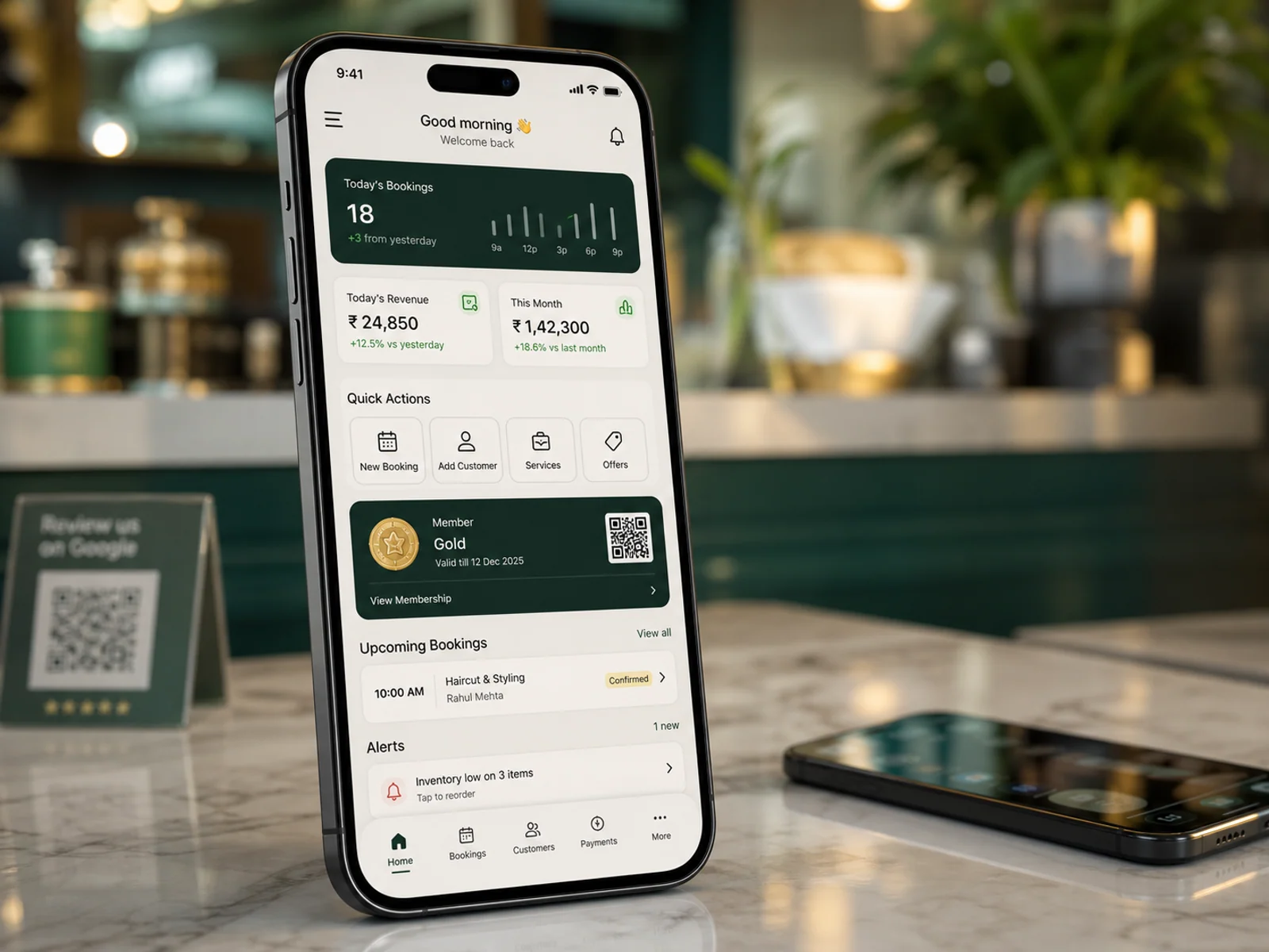 Mobile app home dashboard with bookings, revenue, quick actions, loyalty and alerts.