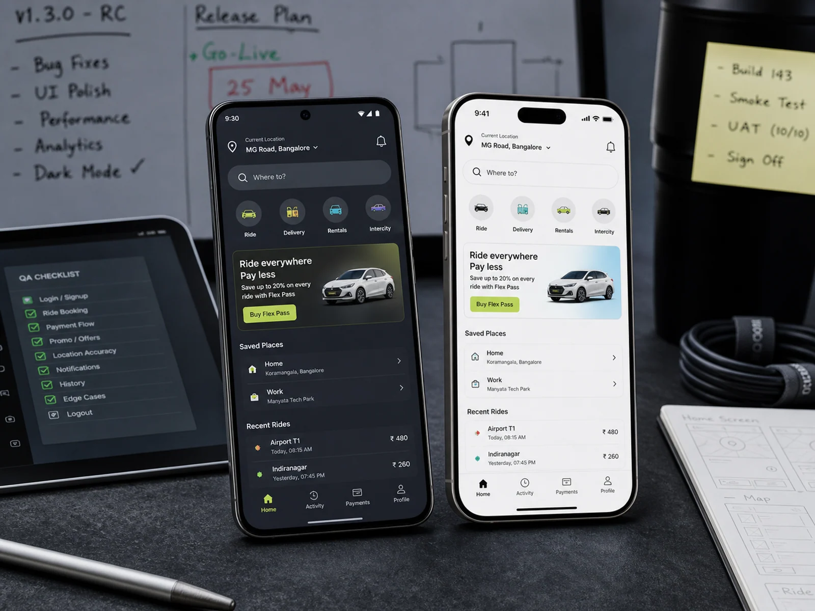 The same mobile app running on two different real smartphones during launch QA.