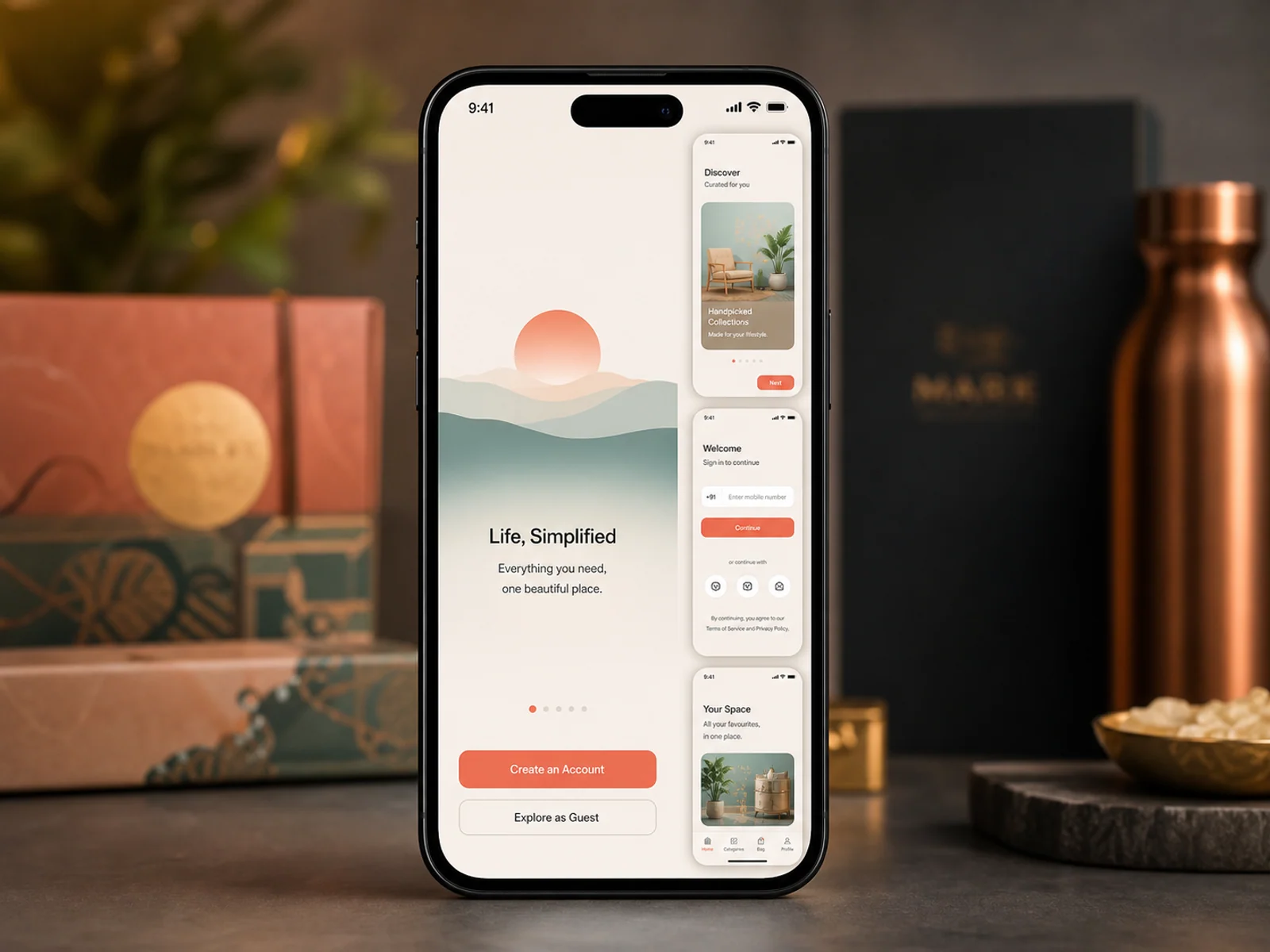 Premium mobile app onboarding and splash screen shown in a smartphone frame.