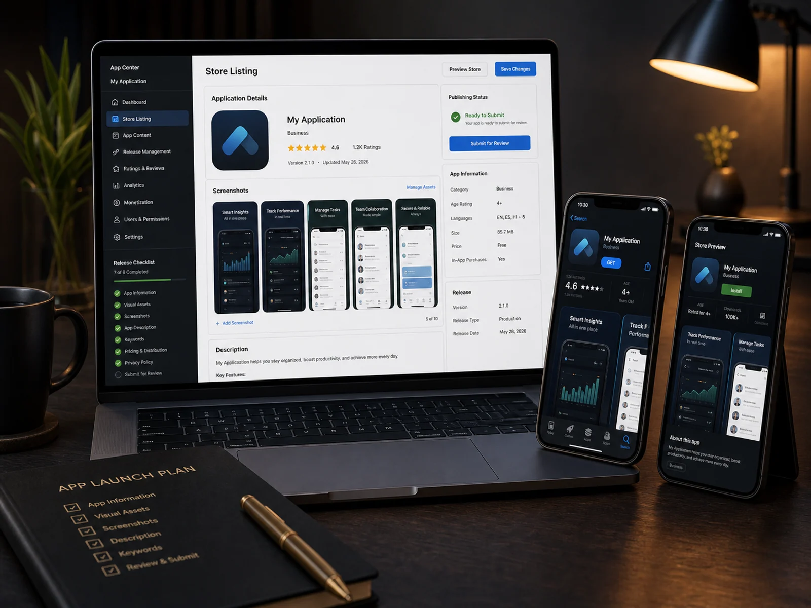 Generic app store listing package with screenshots, icon, review checklist and publish status.
