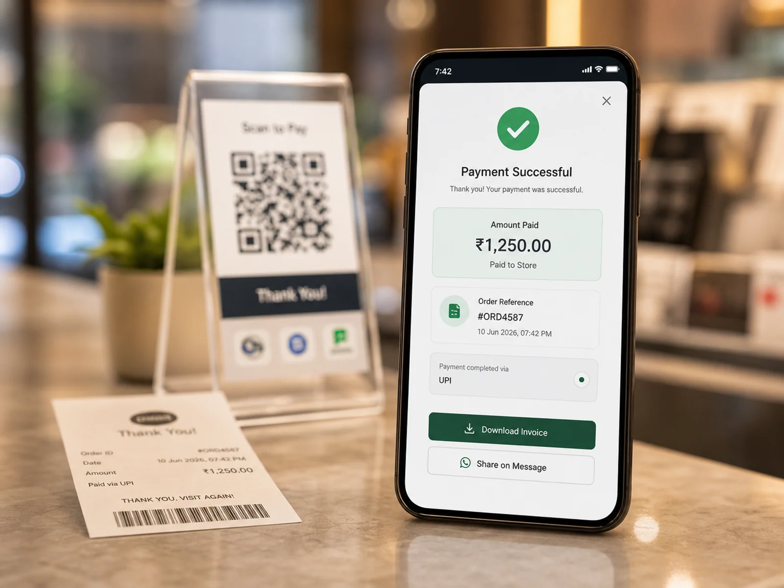 Mobile payment success screen with paid amount, invoice download and share action.