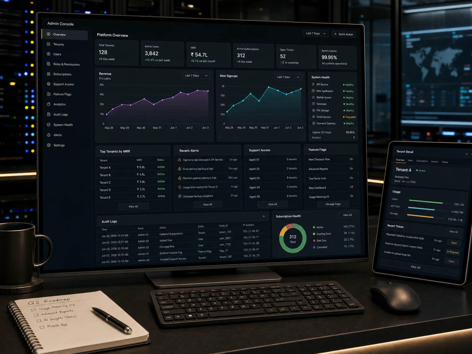 Behind-the-scenes SaaS admin console with tenants, feature flags, system health, audit logs and analytics.