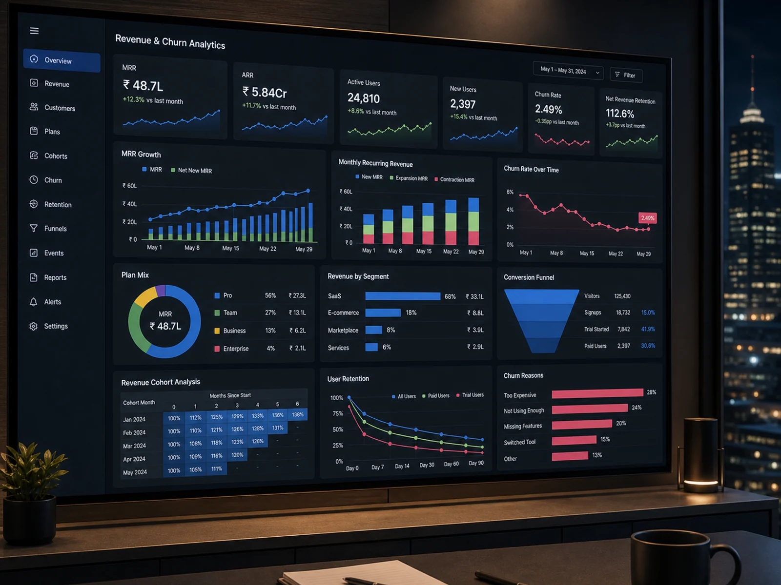 SaaS analytics dashboard showing MRR, churn, active users, cohorts, funnel and retention curves.