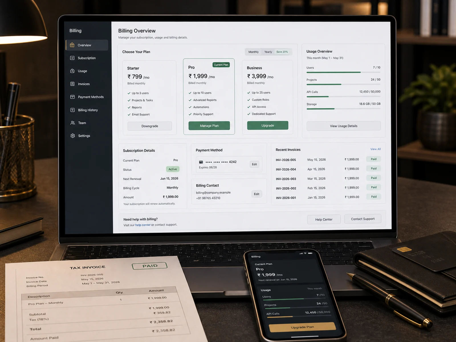 SaaS account billing page with plan tiers, usage meter, invoice list, renewal and upgrade controls.