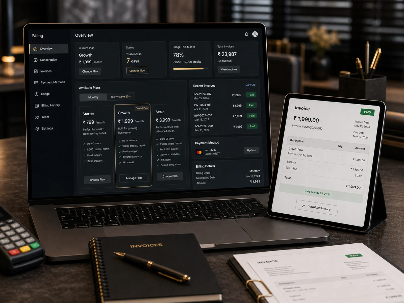SaaS billing screen with plans, trial status, invoices, usage and payment history.