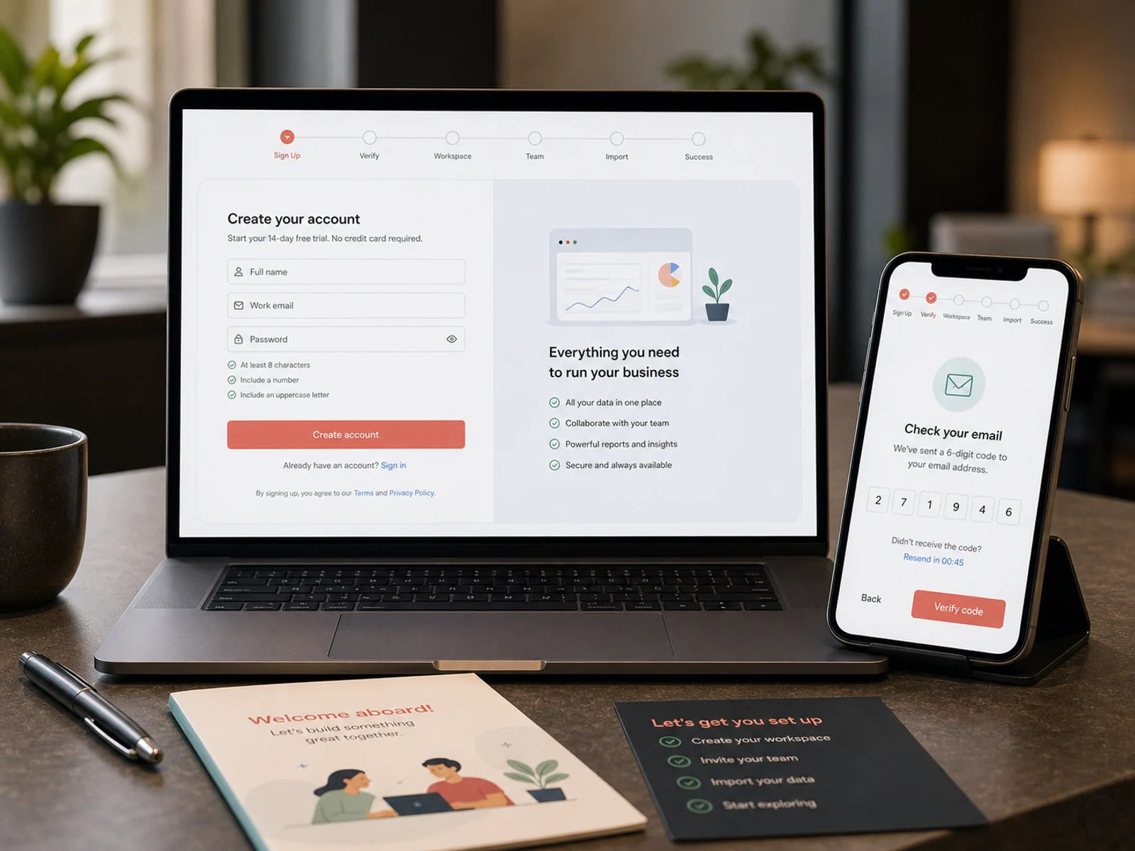SaaS sign-up and onboarding screens with verification, workspace setup, team invite and import data steps.
