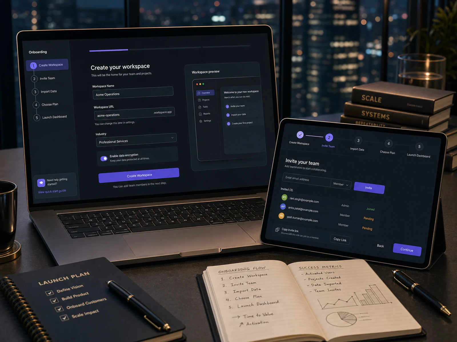 SaaS onboarding flow with workspace creation, team invite, import step, plan selection and dashboard preview.