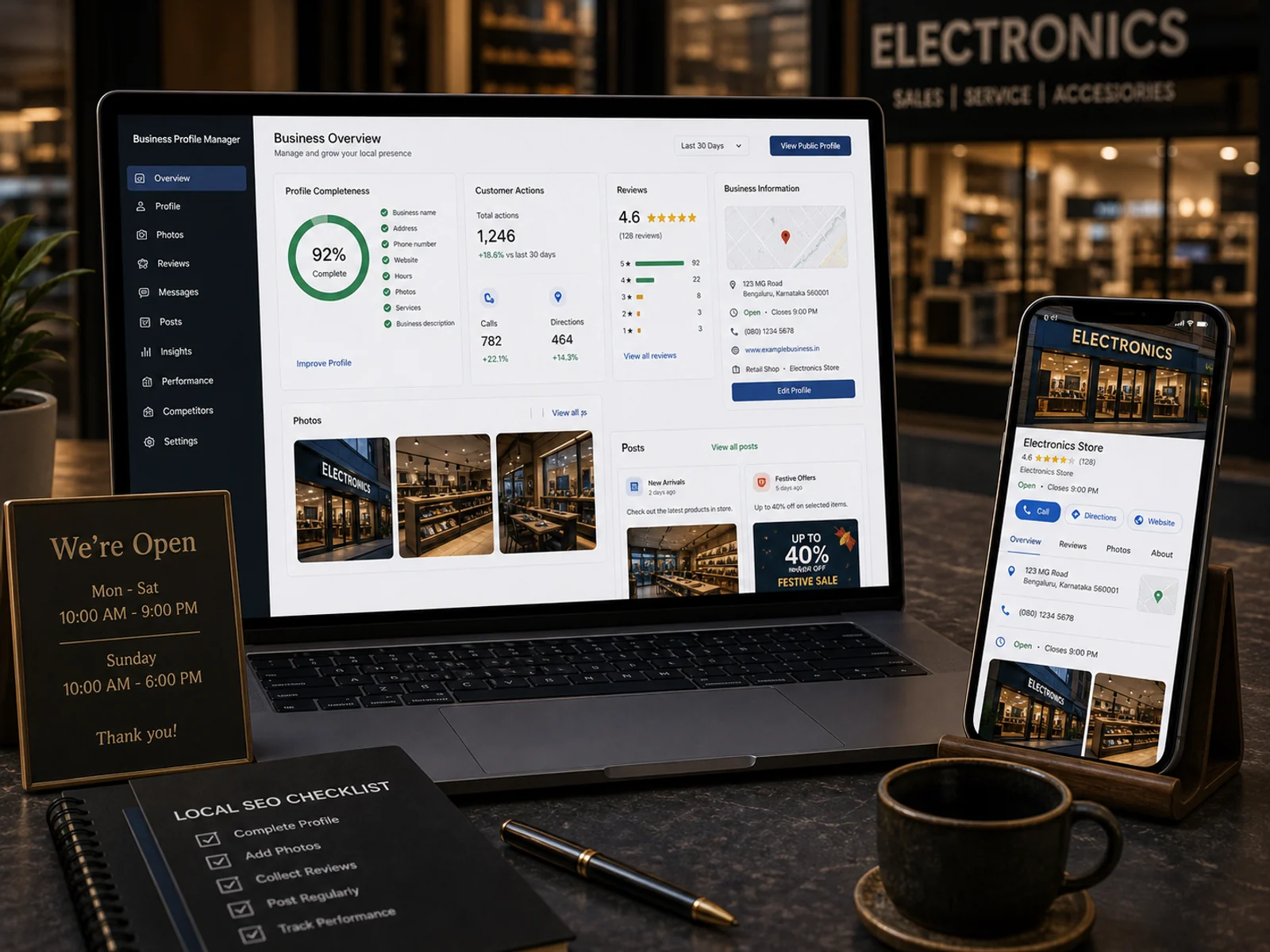 Optimised local business profile dashboard with photos, reviews, calls, directions, posts and performance insights.