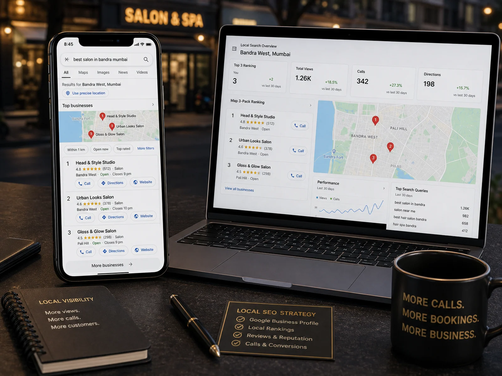 Local search and map-pack style result on phone and laptop with rating cards, call button and directions actions.