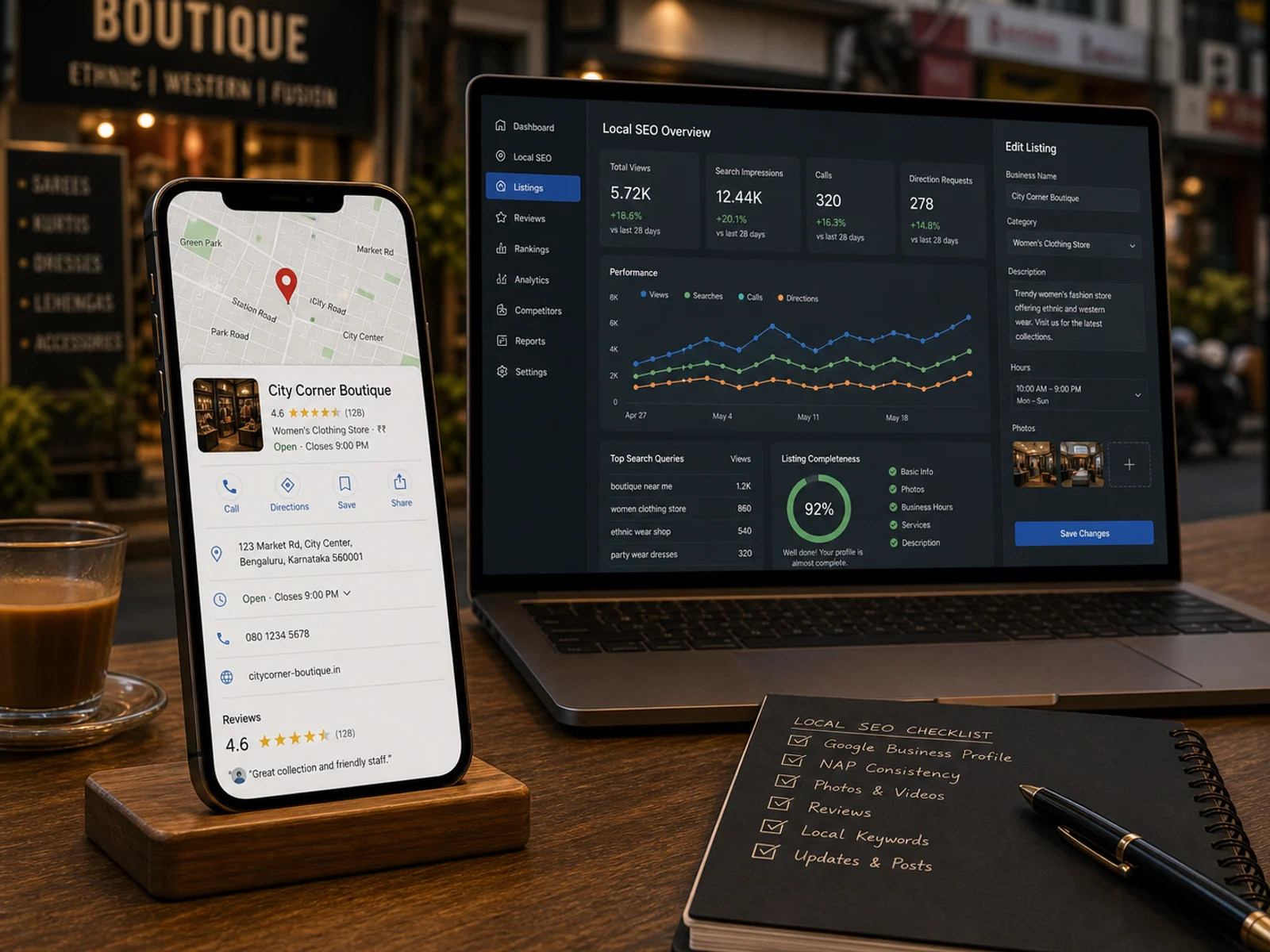 Local business map listing preview on phone with calls, directions, reviews, hours and listing edit dashboard.
