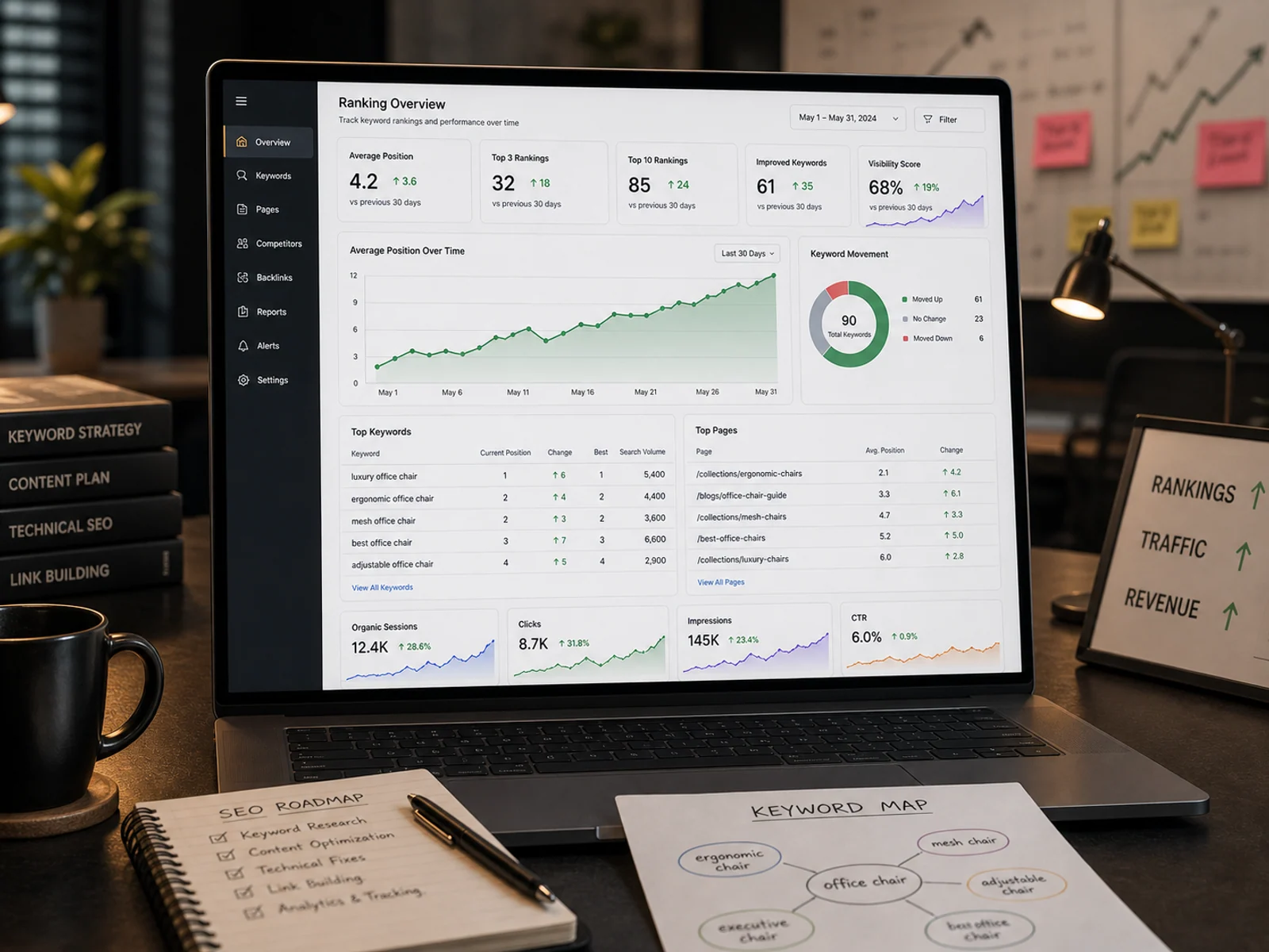 Ranking tracker dashboard with improving average position, top-three keyword movement and upward trend chart.