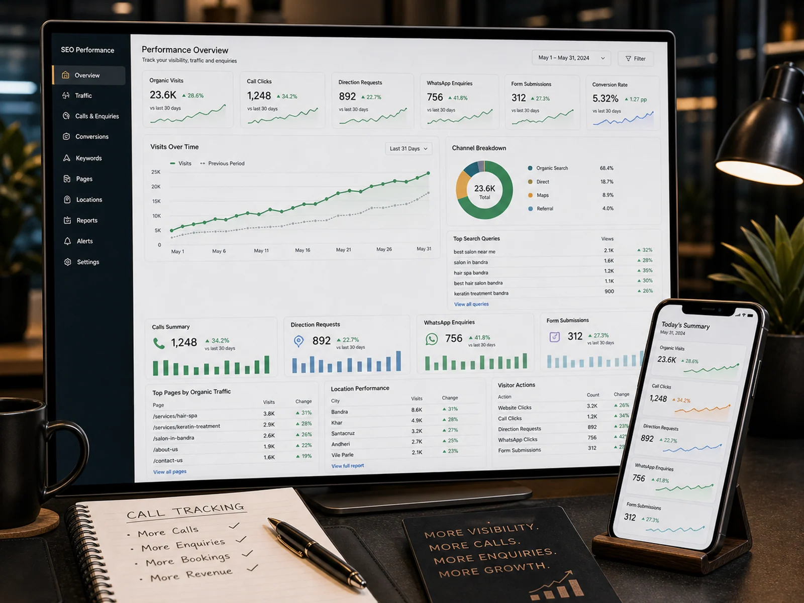 SEO results dashboard combining organic visits, call clicks, direction requests, WhatsApp enquiries and forms.