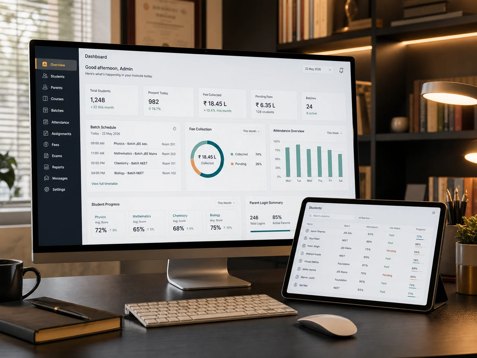 Coaching institute portal dashboard showing student records, fee status, attendance and parent login views.