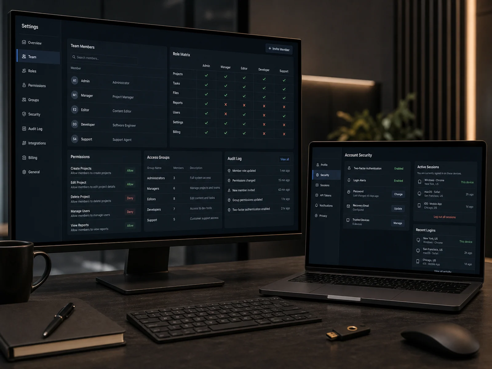 Team roles and permissions settings screen with access groups, account security and audit log.